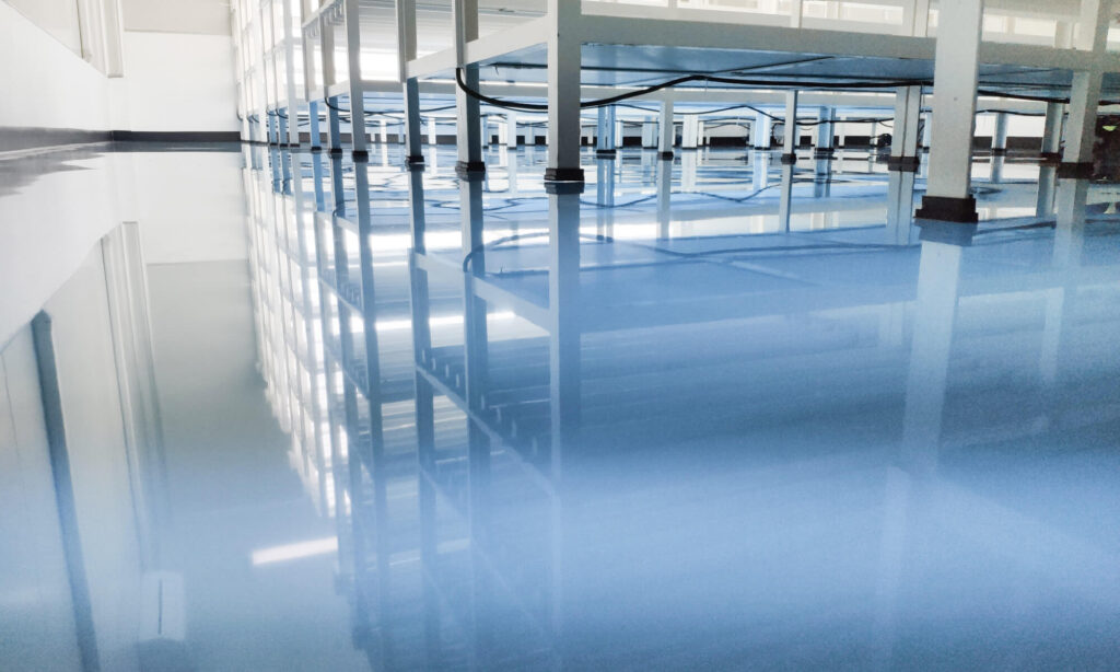 office floor coated in layers of shiny epoxy