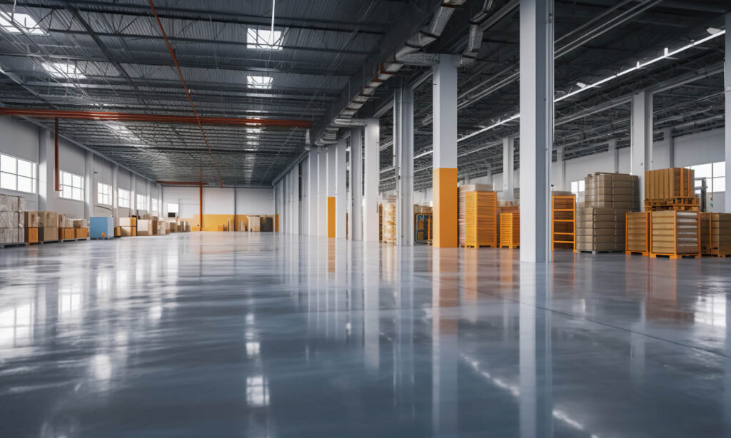 industrial warehouse floor coated in layers of professional epoxy resin