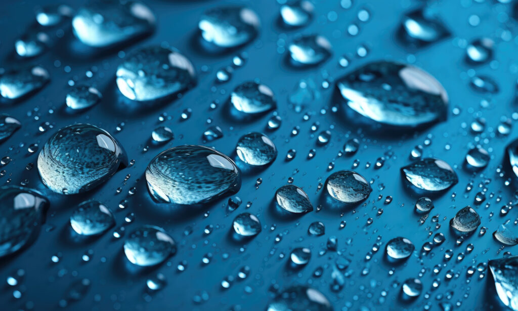 Drops of water on blue surface.